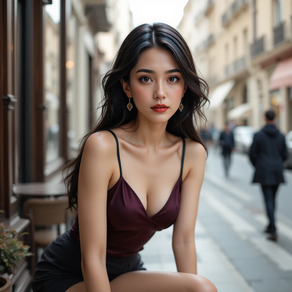 실크 캐미솔을 입은 젊은 여성이 아파트에서 몸을 앞으로 숙인 모습