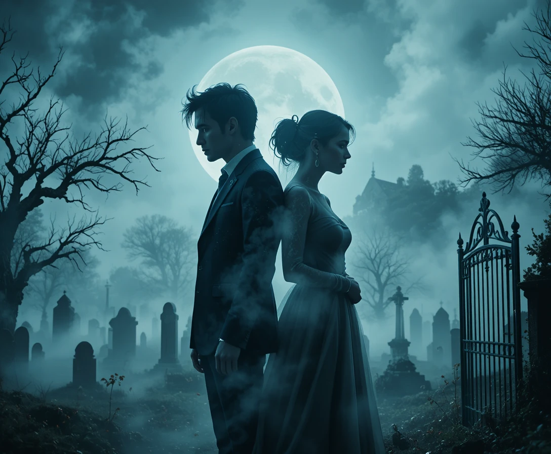 Gothic couple in foggy graveyard with haunting double exposure