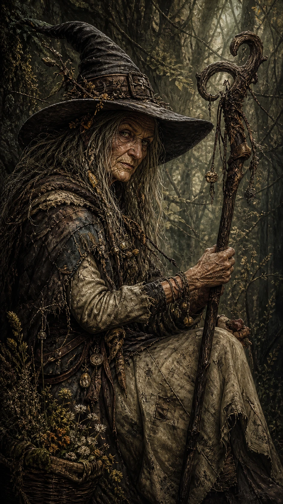 Old witch in an enchanted forest with staff and hat