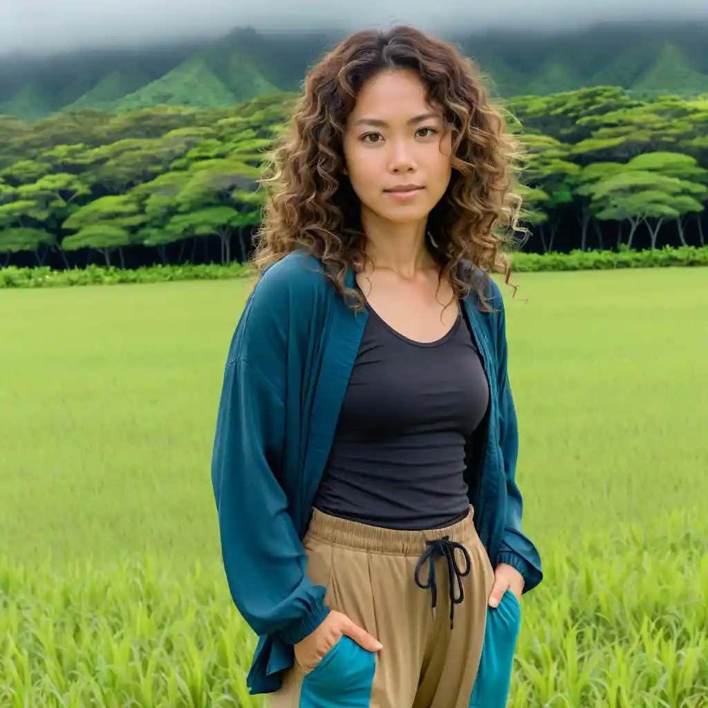 Okinawan woman standing in a field under a cloudy sky