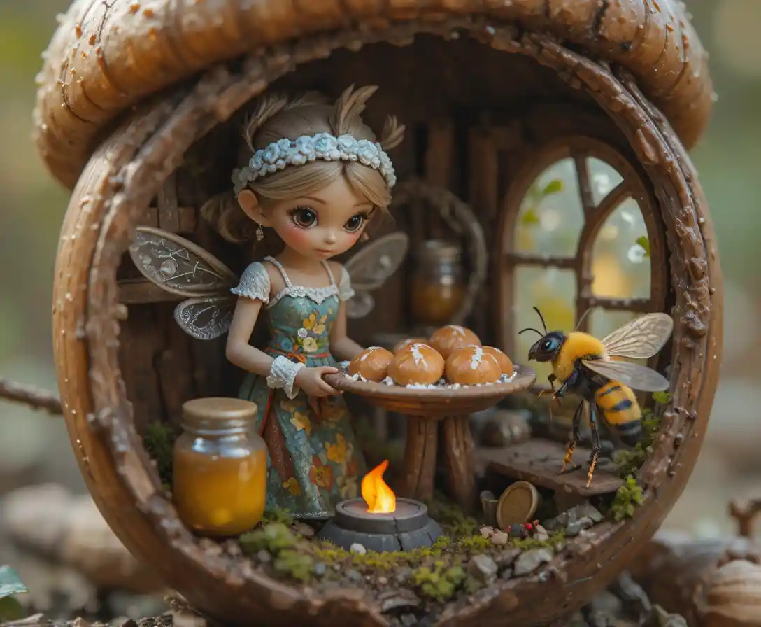 Fairy Baker In A Tiny Acorn Bakery With Bumblebee Customer