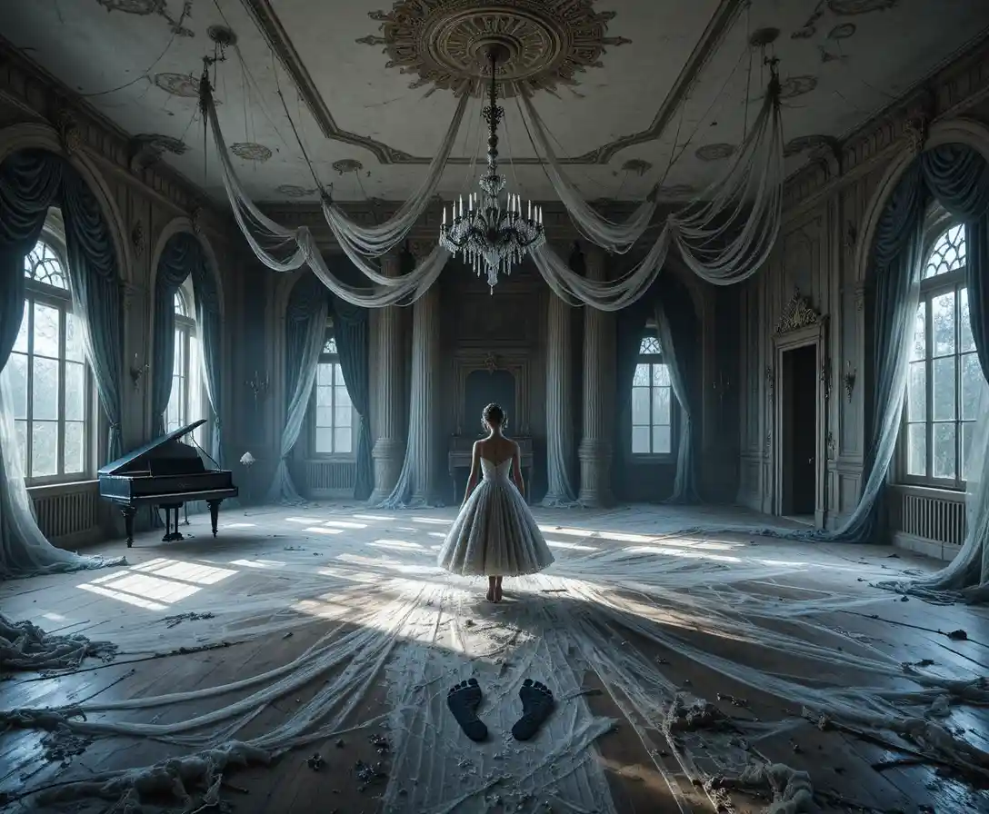 Abandoned Ballroom Draped In Webs Under Cold Moonlight