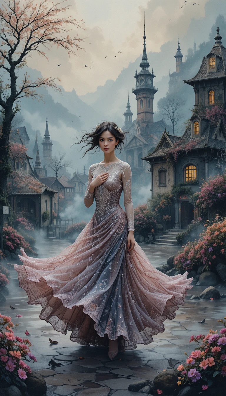 Surreal fantasy village landscape in thick romantic haze