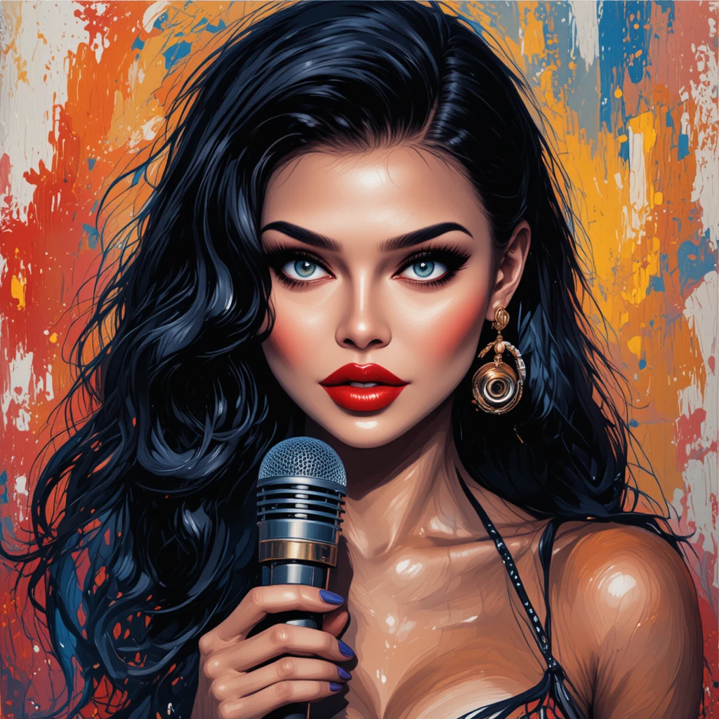 Passionate singer with vintage microphone in vivid abstract colors