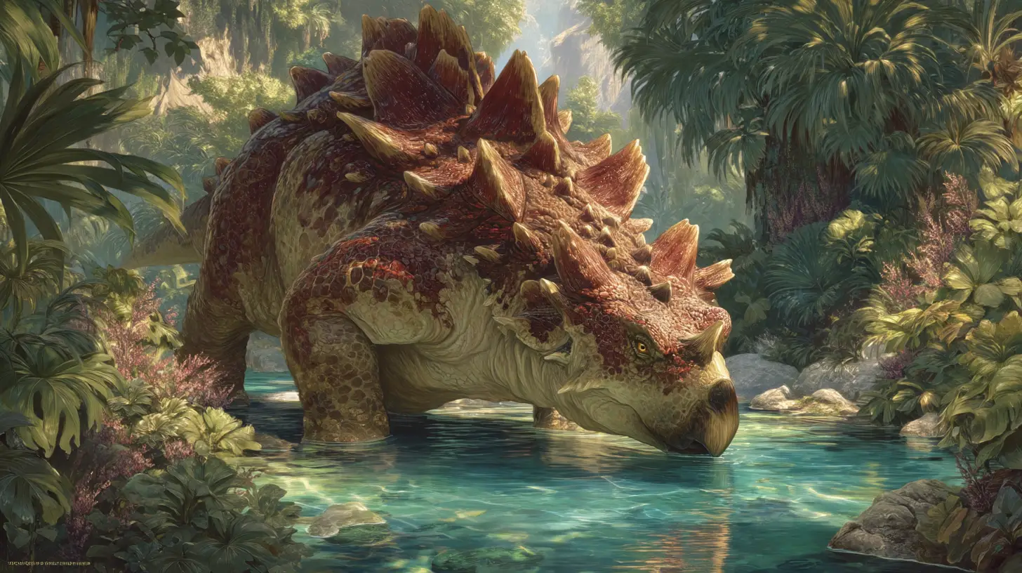Stegosaurus Drinking From River In A Prehistoric Jungle