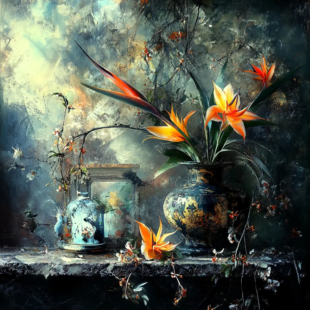 Painterly Birds of Paradise Flowers in an Artistic Scene