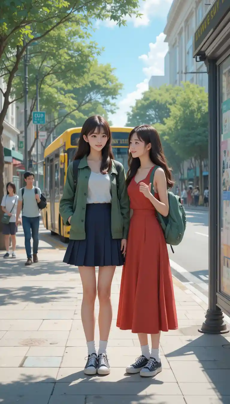 Anime woman greeting a friend at a sunny city bus stop