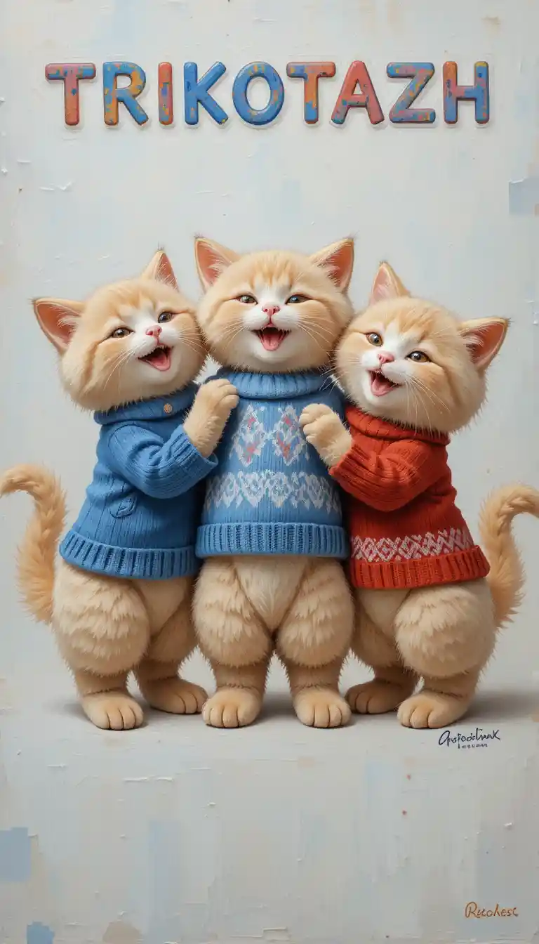 Drei flauschige Cartoon-Katzen in bunter Strickkleidung