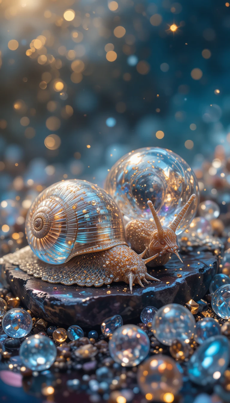 Digital still life of snails with luminous glass shells