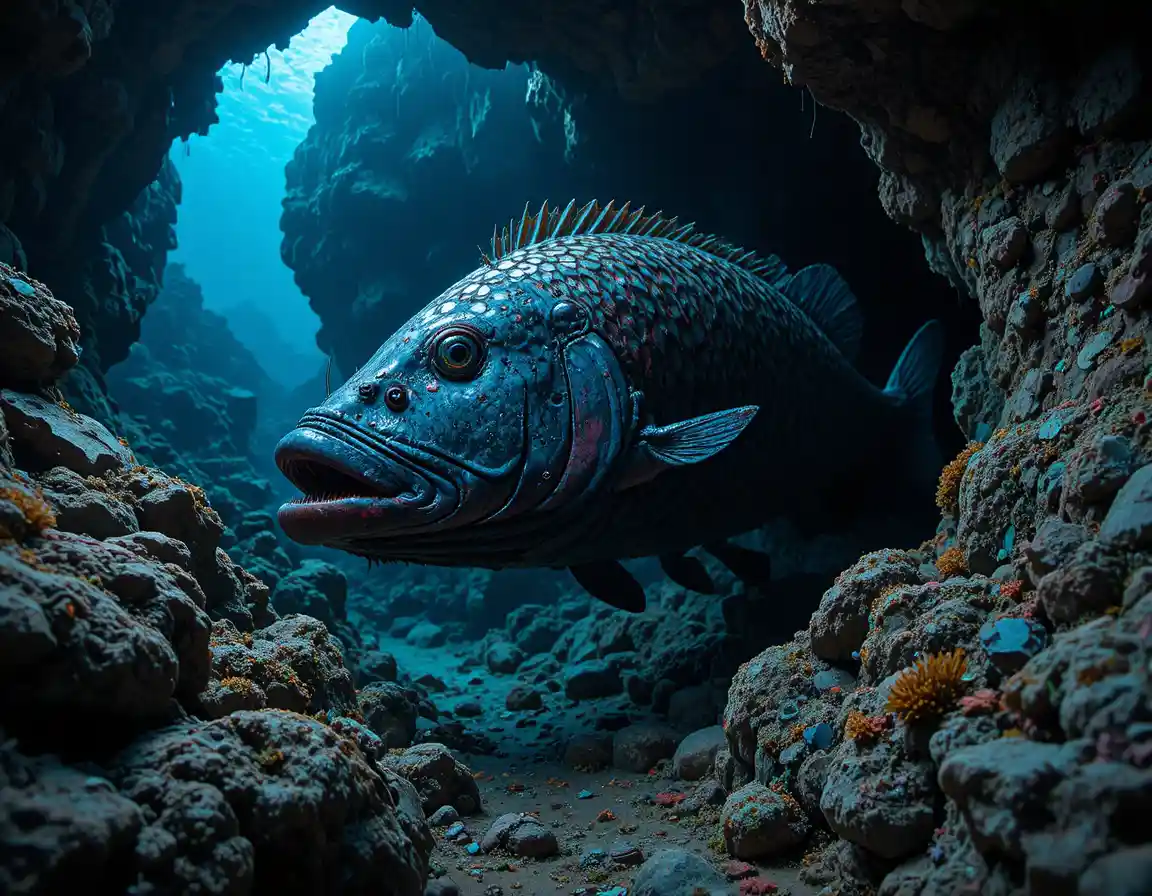 Large grouper fish in a dim underwater rocky cave
