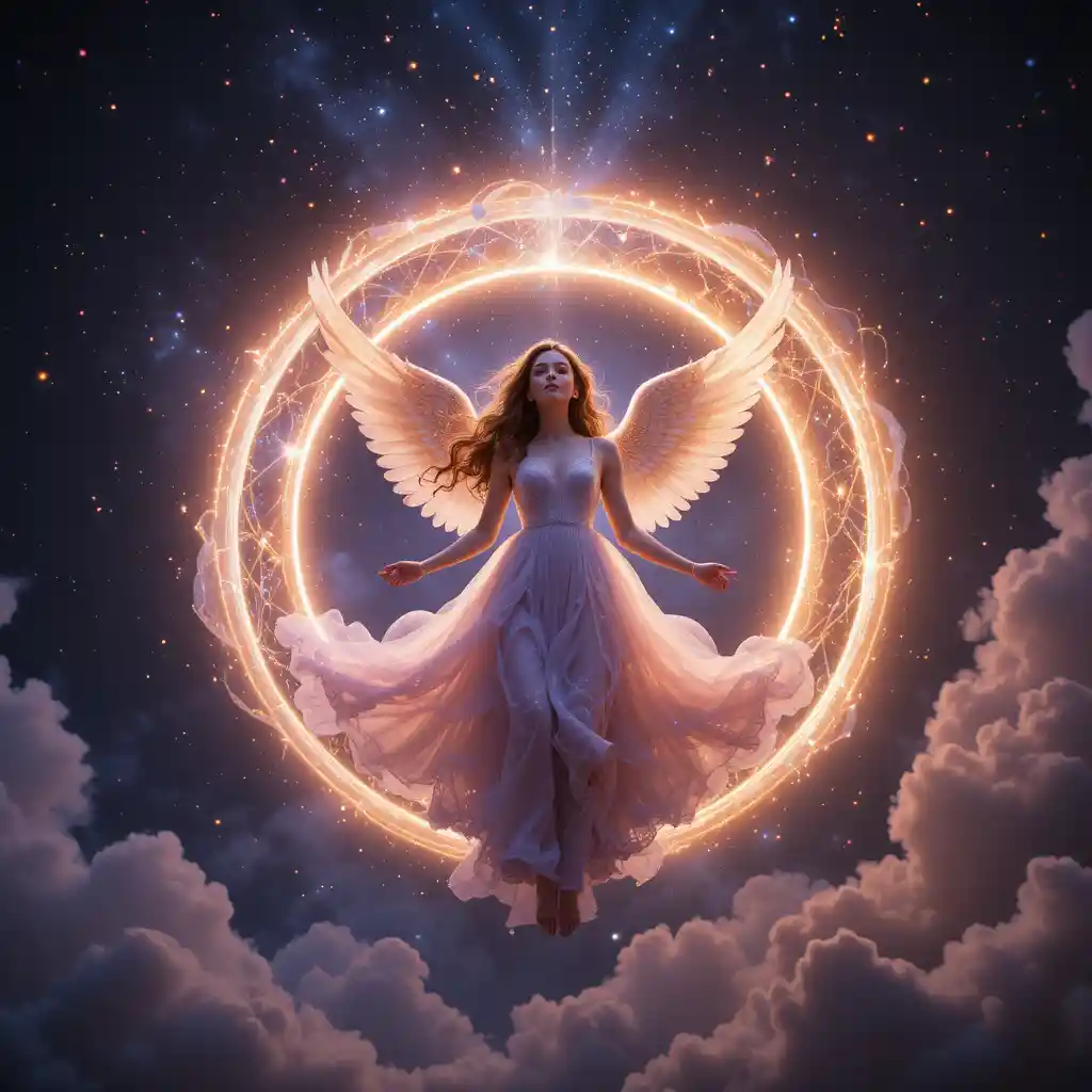 Celestial woman with radiant halo floating in deep space
