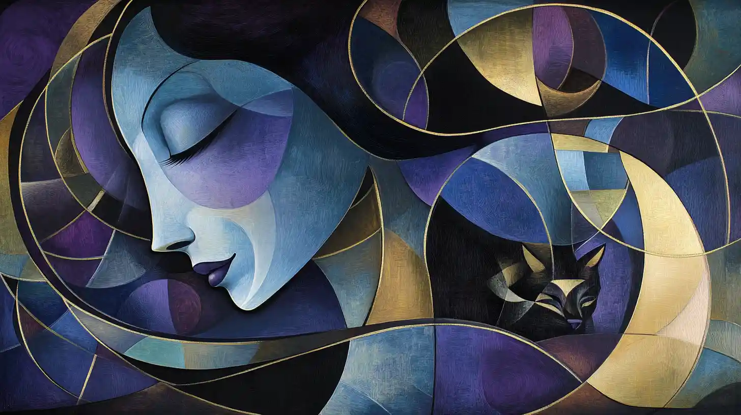 Abstract cubist woman with sleek cat in rich dark colors