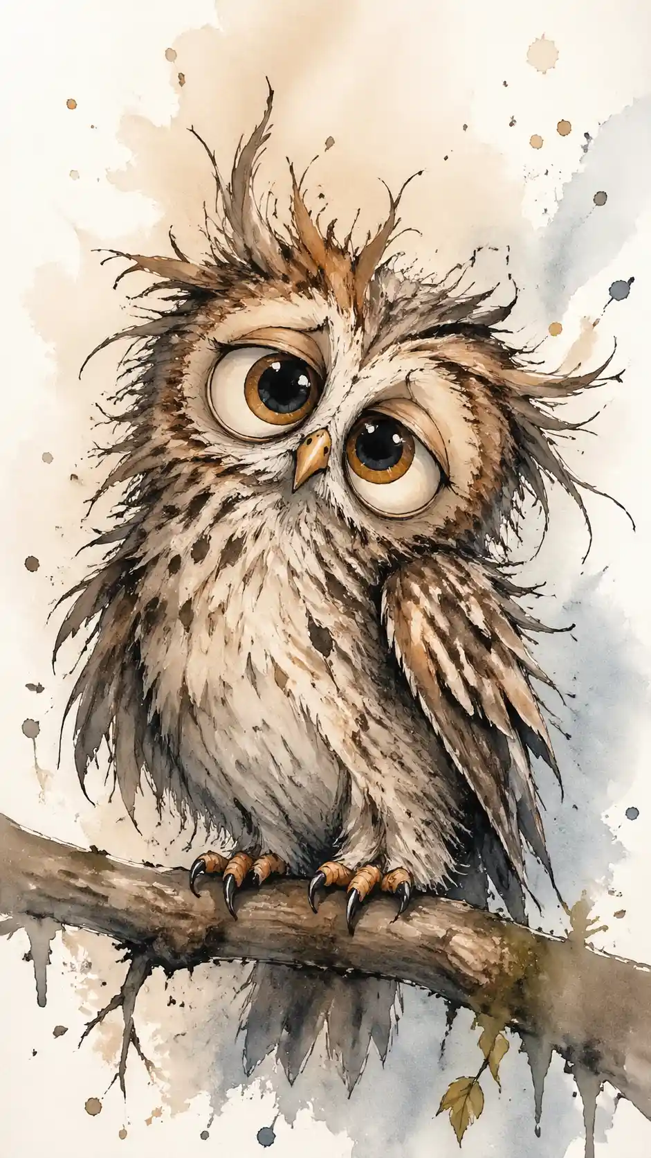 Quirky fluffy owl with oversized eyes in watercolor ink