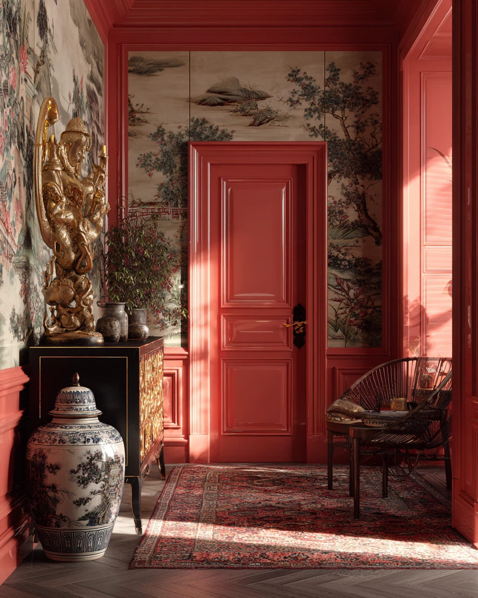 Interior em estilo chinoiserie com cores ousadas e charme artístico