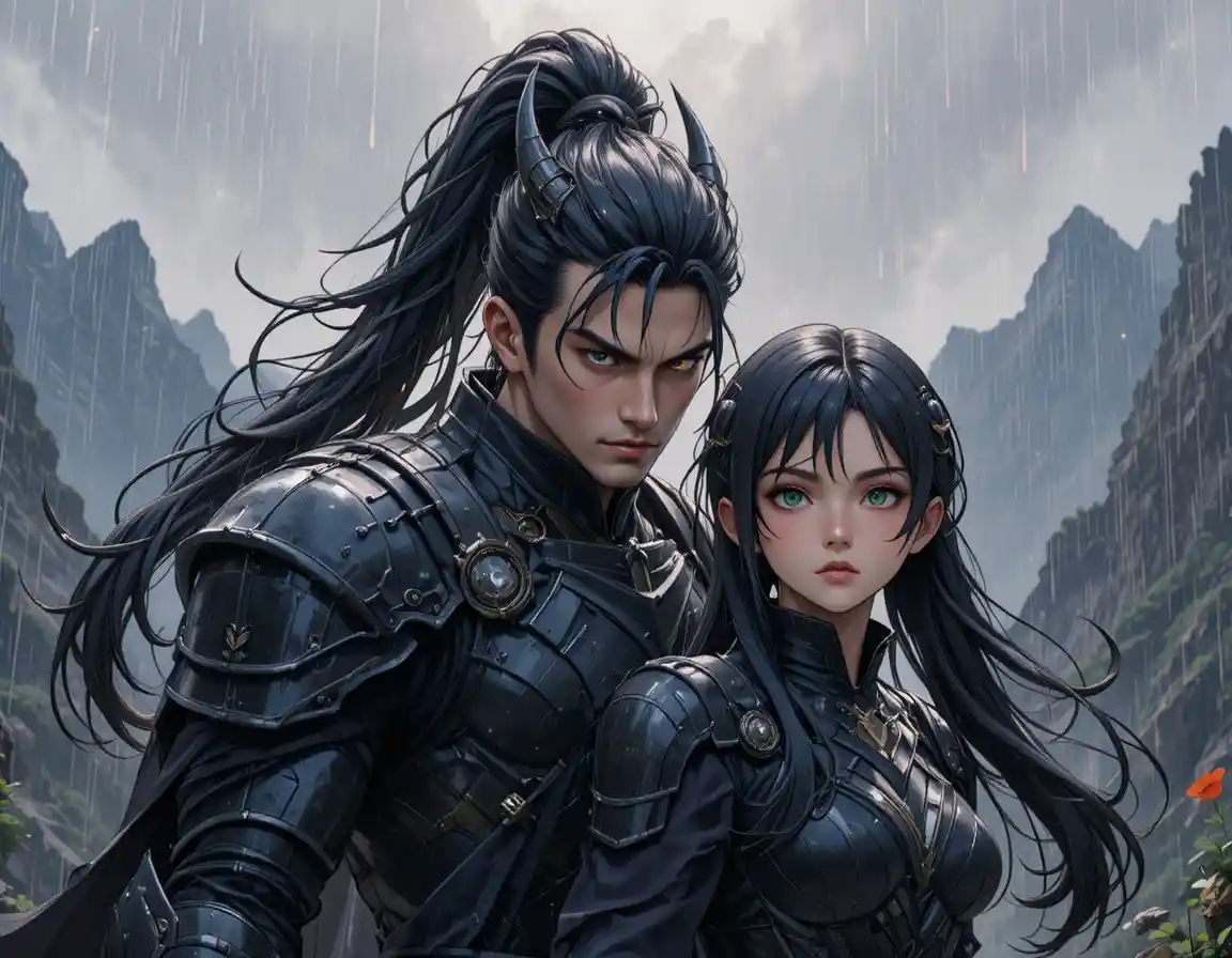 Anime dragon warrior and armored woman in rainy mountains