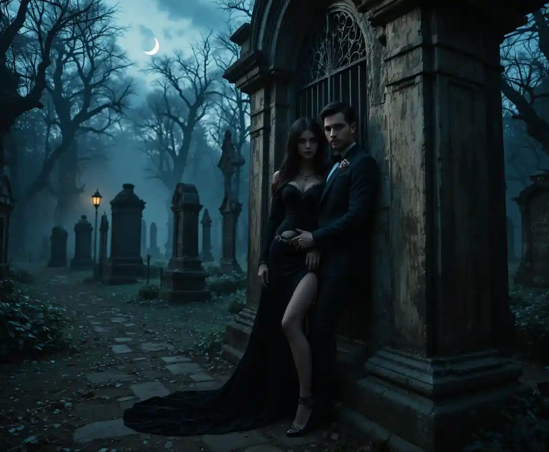 Gothic couple by mausoleum in misty twilight cemetery