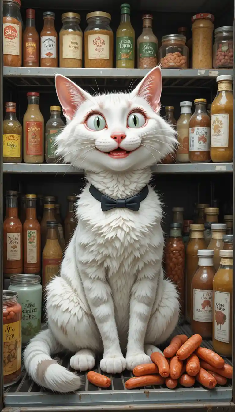 Smiling white cartoon cat eating sausages inside fridge