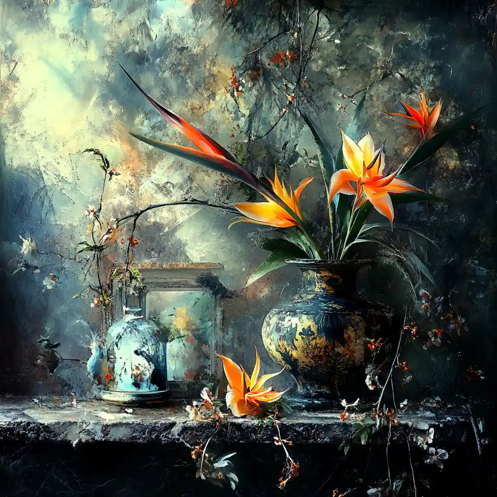 Painterly Birds of Paradise Flowers in an Artistic Scene