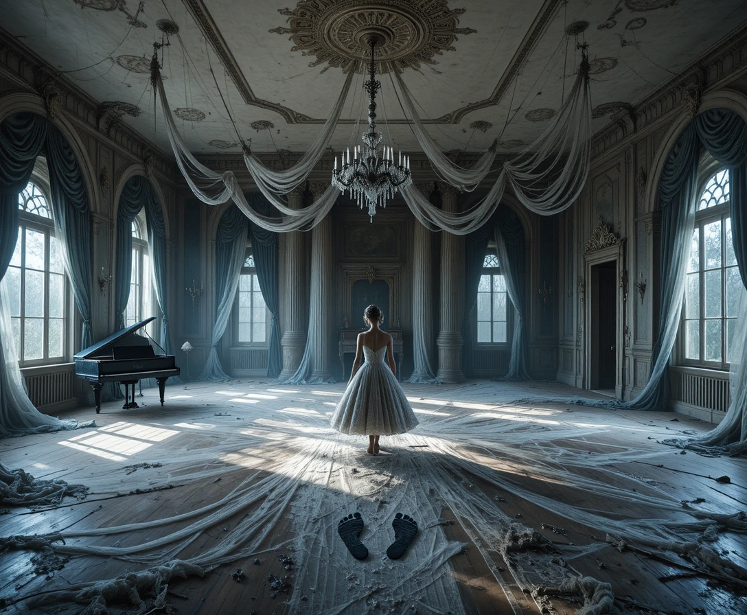 Abandoned Ballroom Draped In Webs Under Cold Moonlight