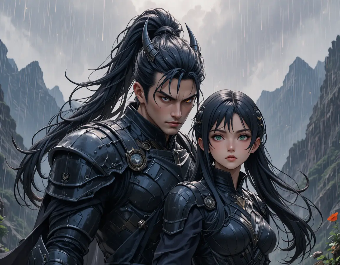 Anime dragon warrior and armored woman in rainy mountains