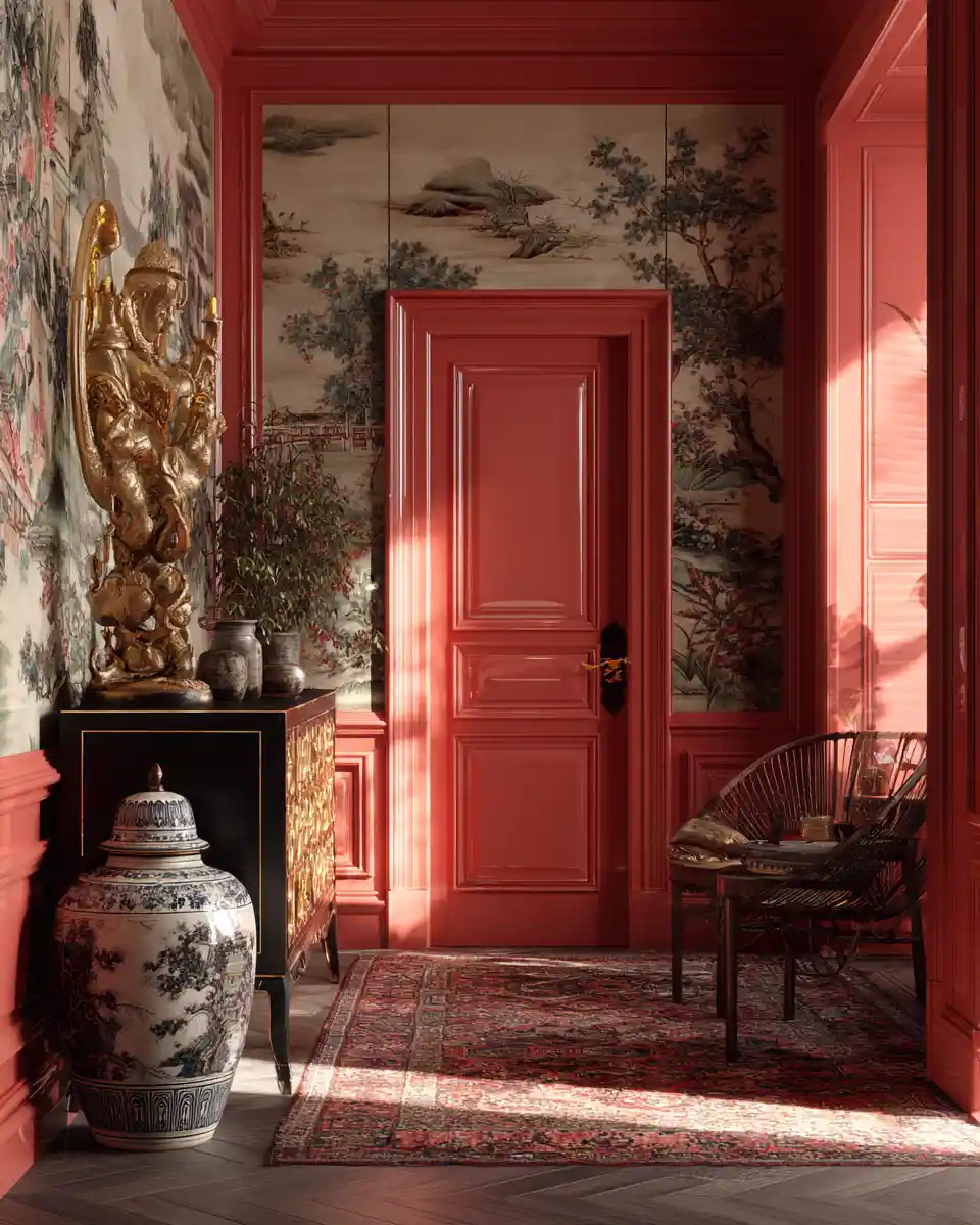Interior em estilo chinoiserie com cores ousadas e charme artístico