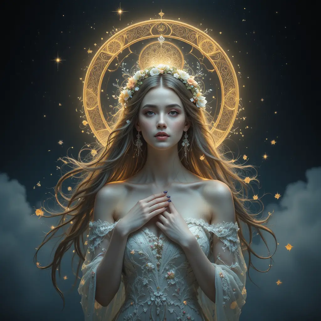 Celestial woman with golden halo and floral lace dress