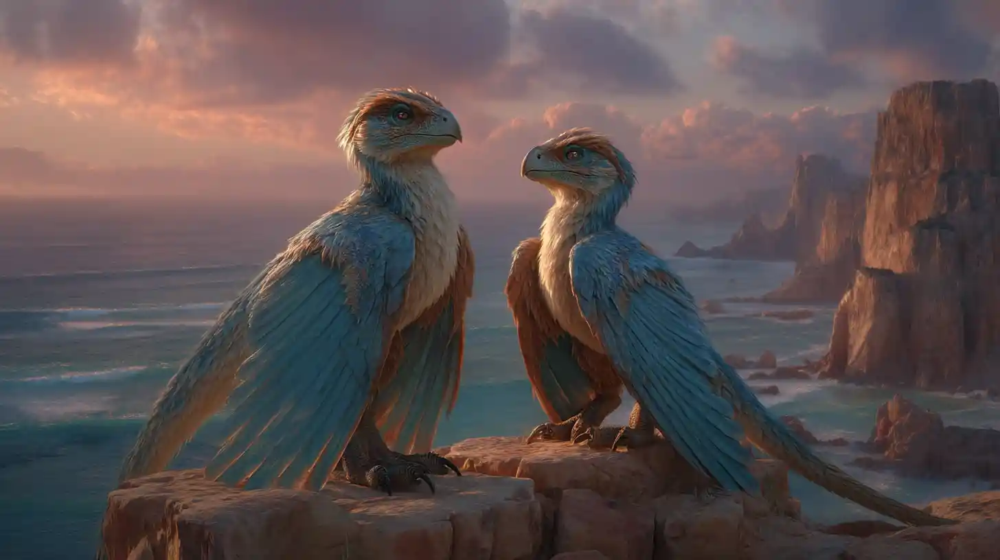 Two dimorphodons on a sandstone sea cliff at sunset