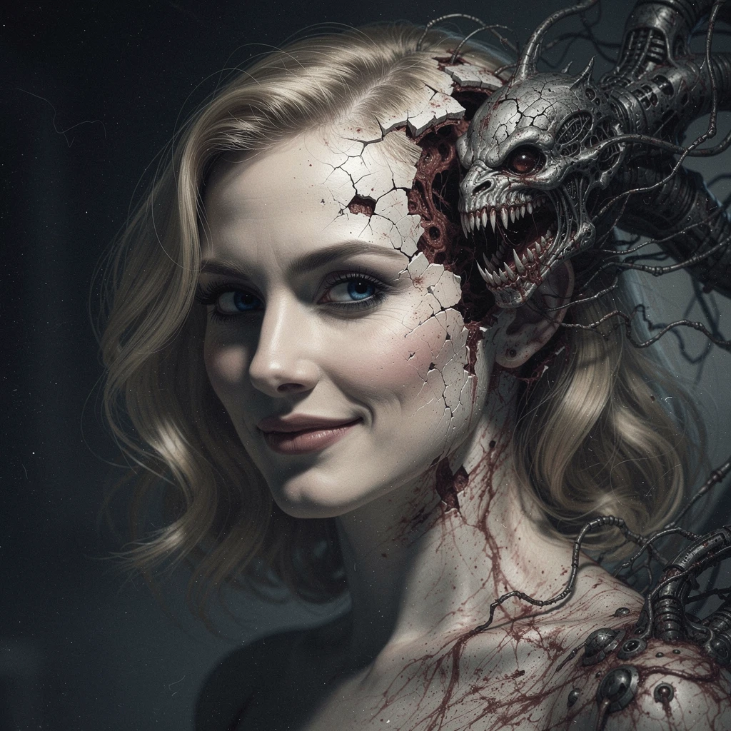 Surreal portrait of a blonde woman split by emerging demon
