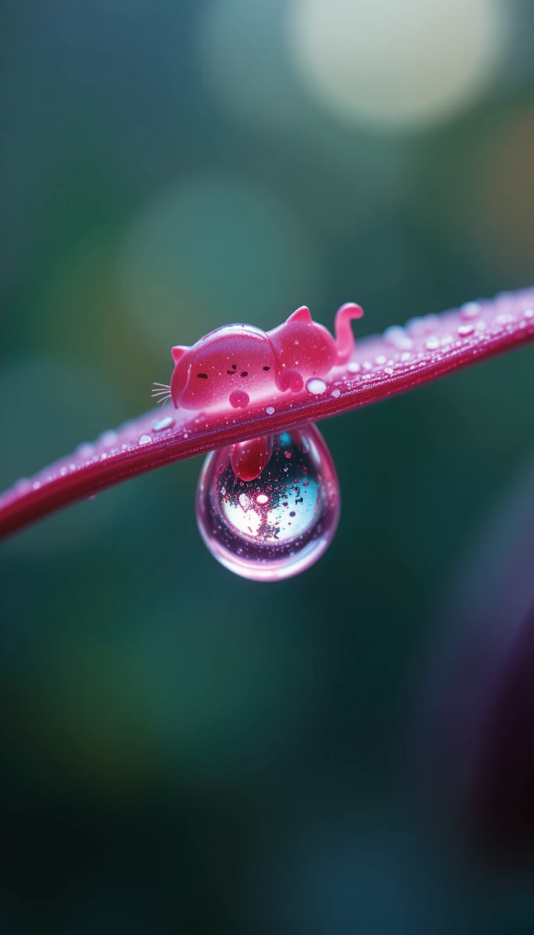 Glowing dew drop cat shape on delicate fuchsia petal