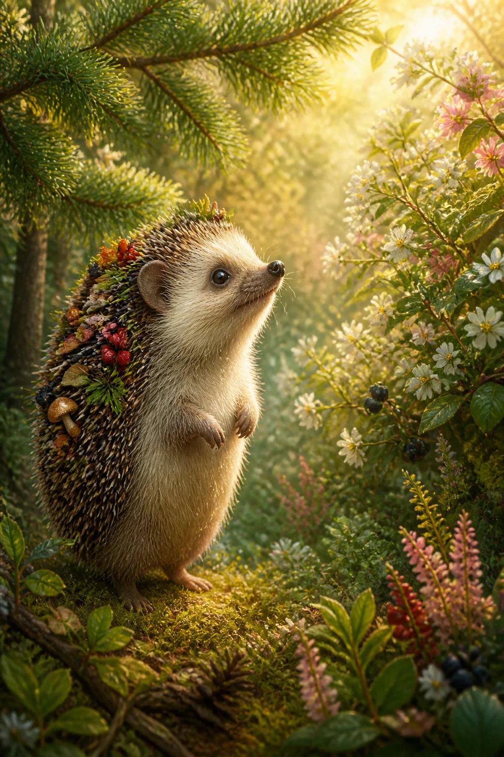 Ilustración de un erizo adorable en un bosque mágico de primavera
