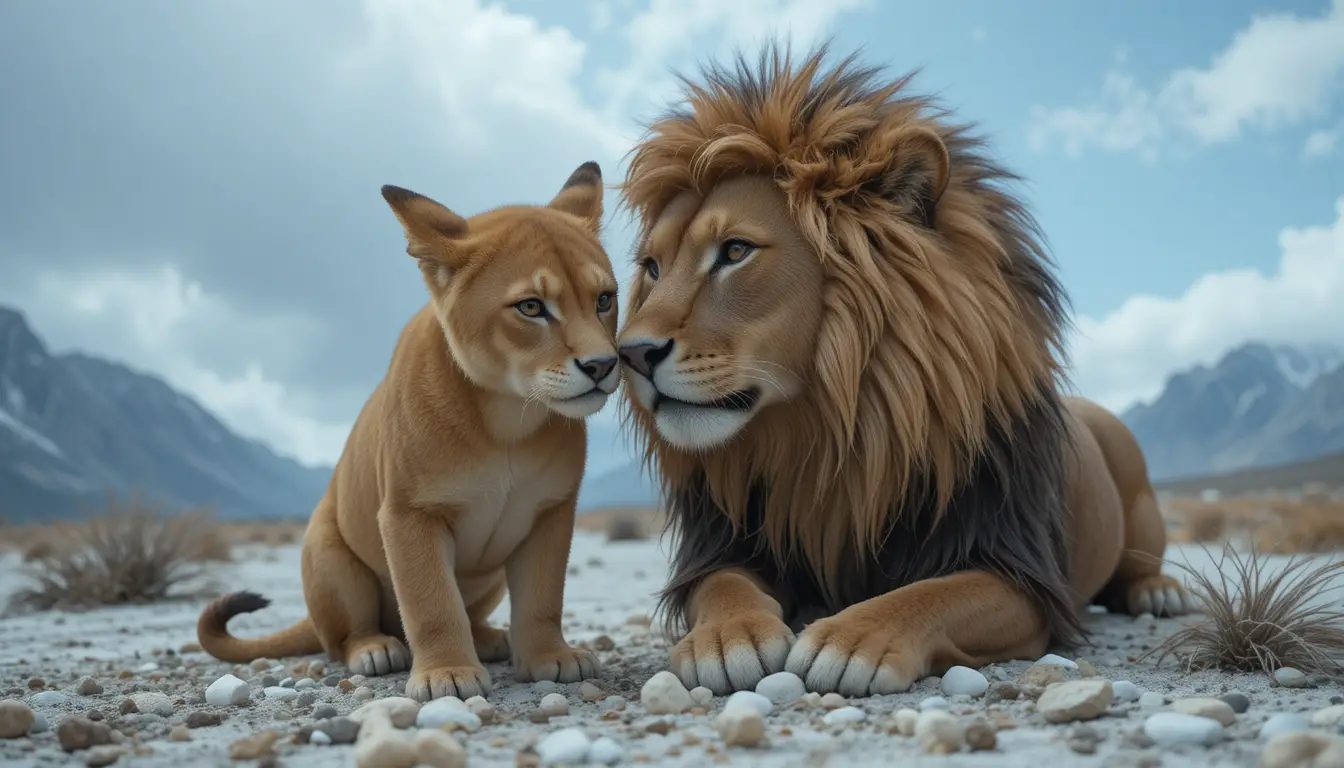 Young woman gently bonding with a wolf cub and lion cub
