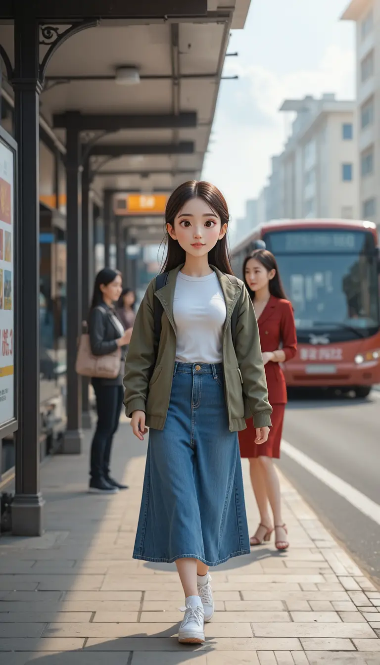 Anime woman meeting a friend at an urban bus stop