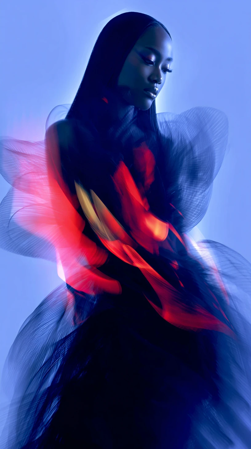 Avant garde fashion portrait of woman in feather gown