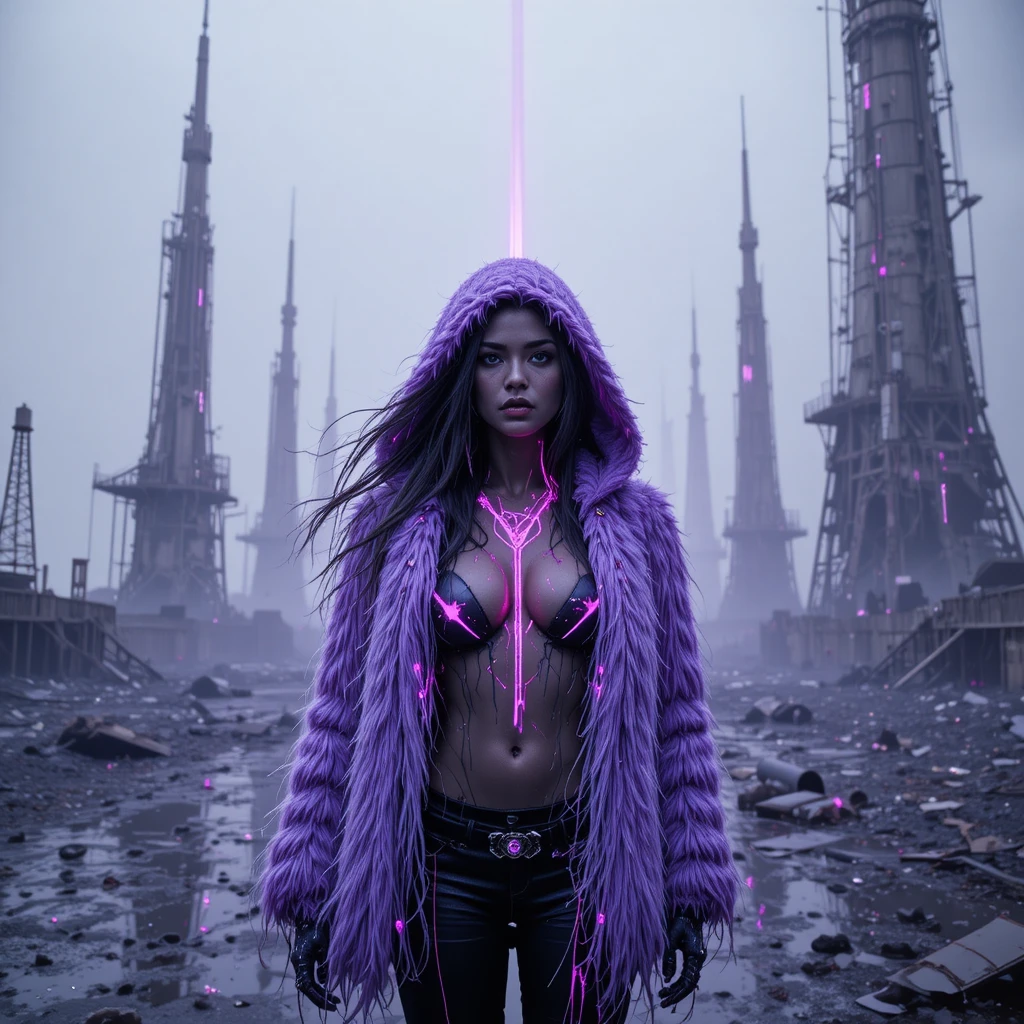 Mulher cyberpunk em neon violeta em base orbital de lançamento em ruínas
