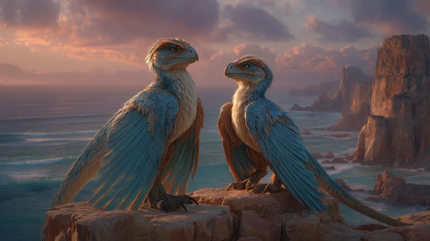 Two dimorphodons on a sandstone sea cliff at sunset