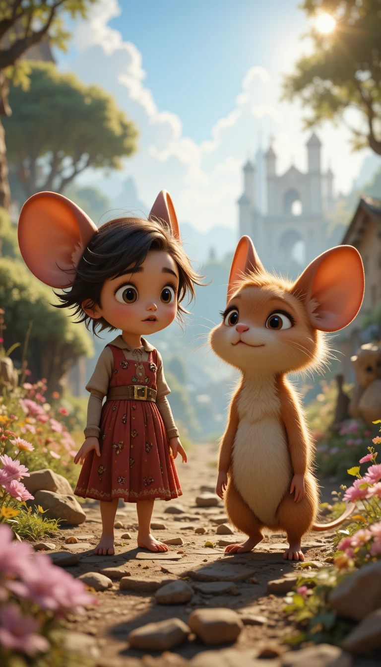 Young mouse and fox exploring a gentle animal heaven
