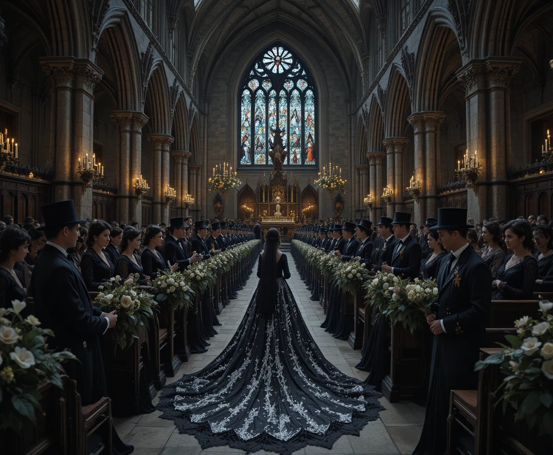 Gothic midnight wedding in a candlelit stone abbey