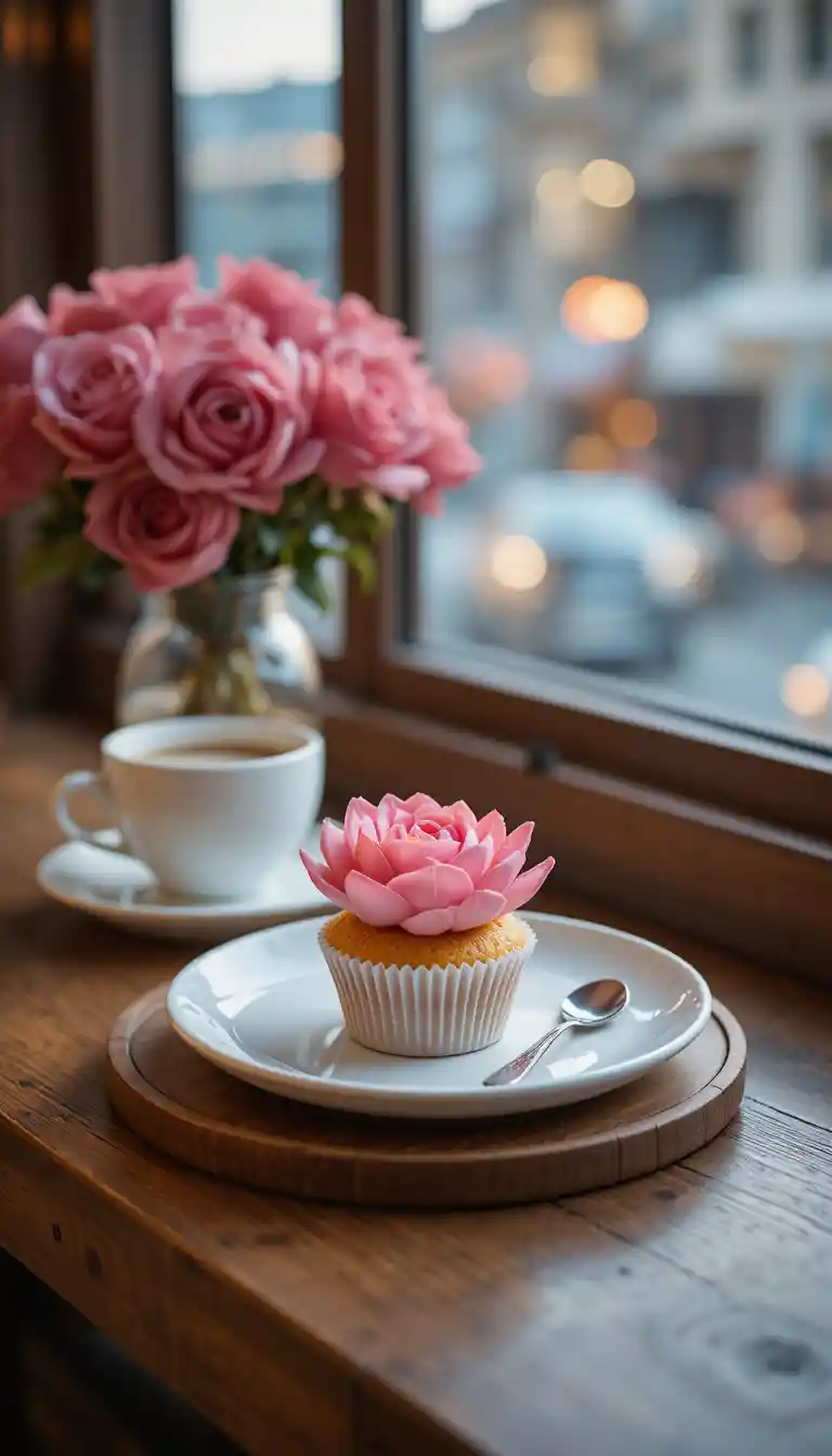 Lotus flower cupcake on tray in cozy cafe setting