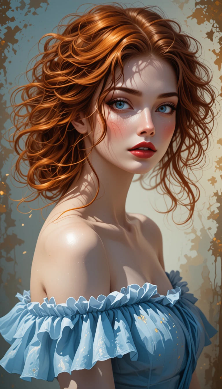 Dreamy portrait of a red haired woman in blue dress
