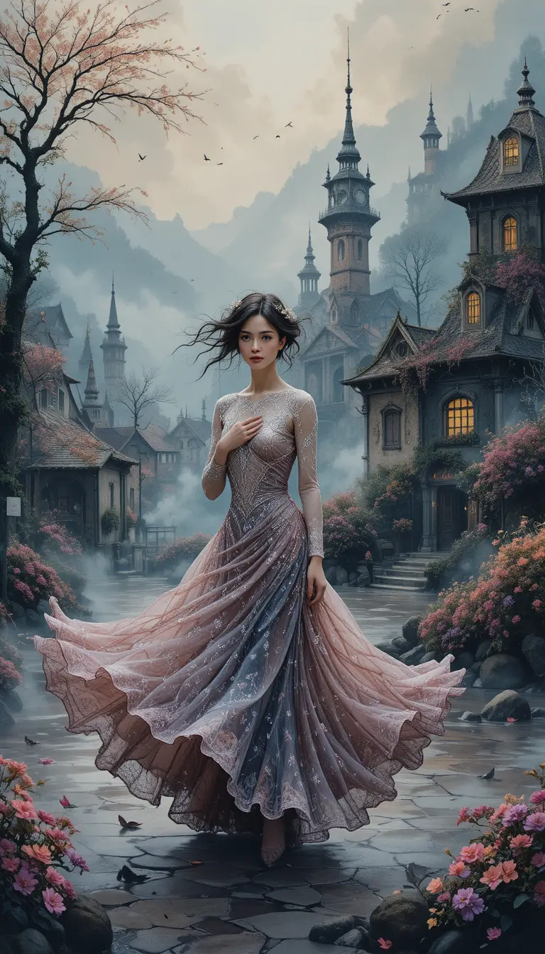 Surreal fantasy village landscape in thick romantic haze