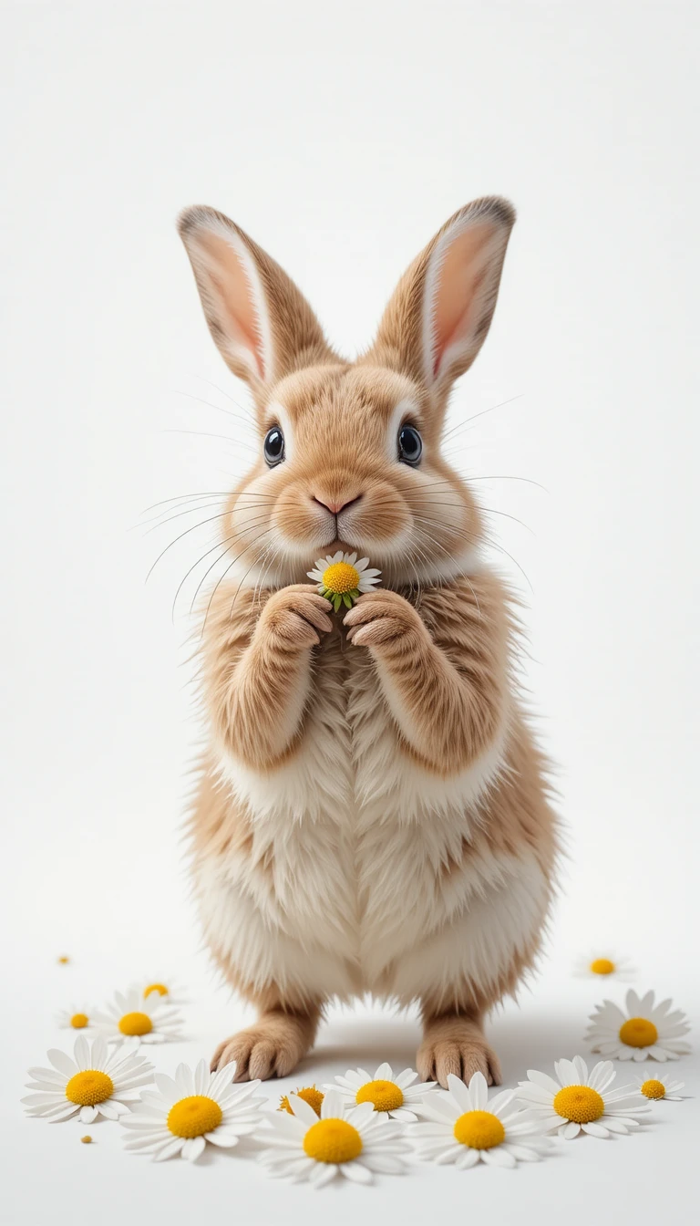 Cute rabbit eating a daisy on a clean white background