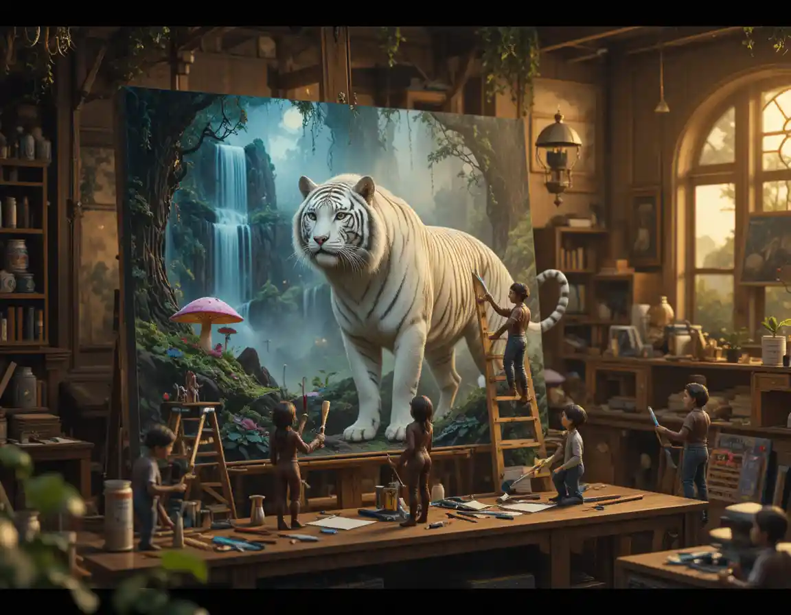 Tiny artists painting a mystical white tiger jungle scene