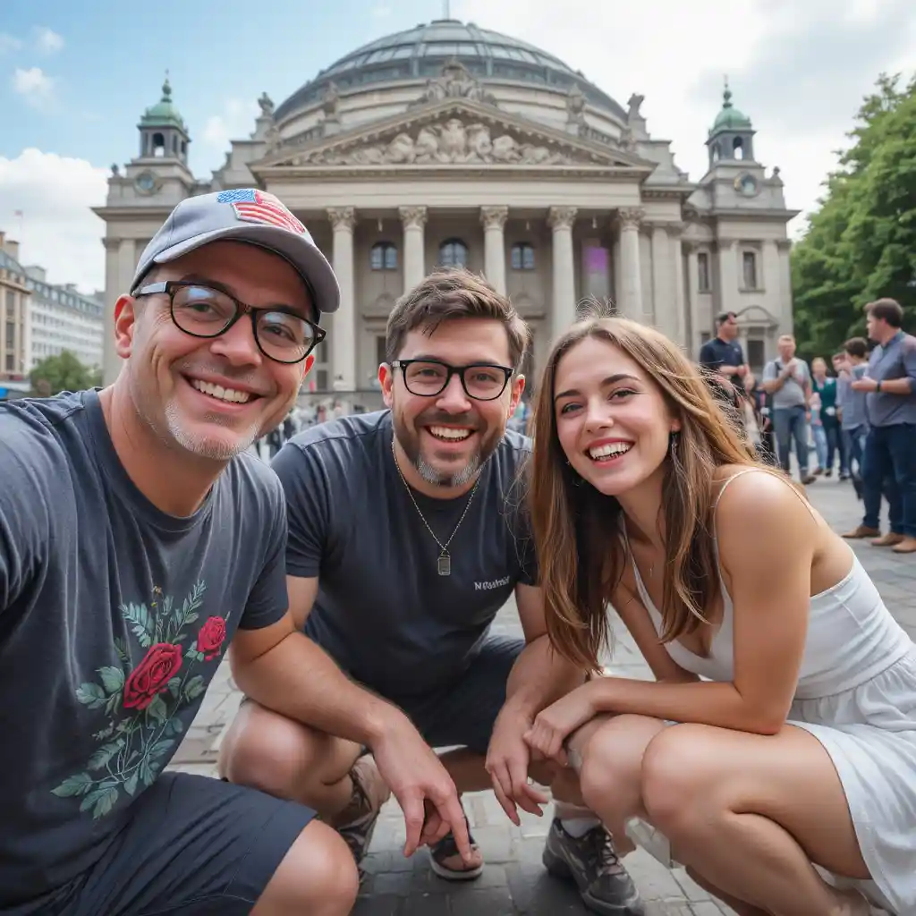 Friends posing for a joyful selfie outside Royal Albert Hall