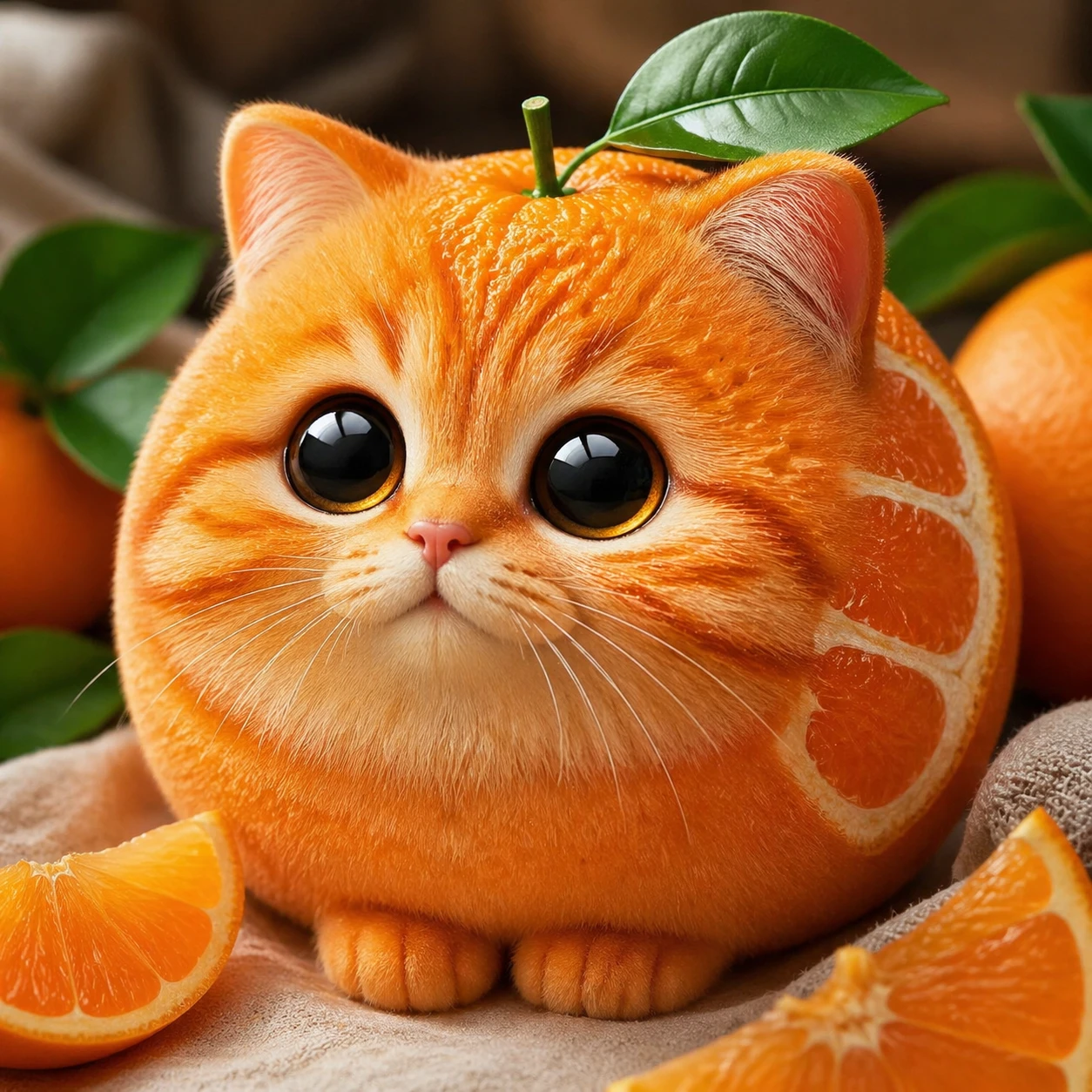 Adorably fluffy hybrid cat fused with bright orange fruit