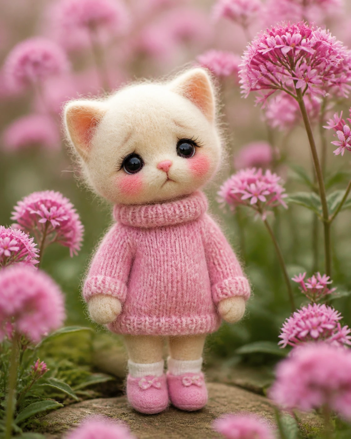 Felted cat doll in pink sweater among garden flowers