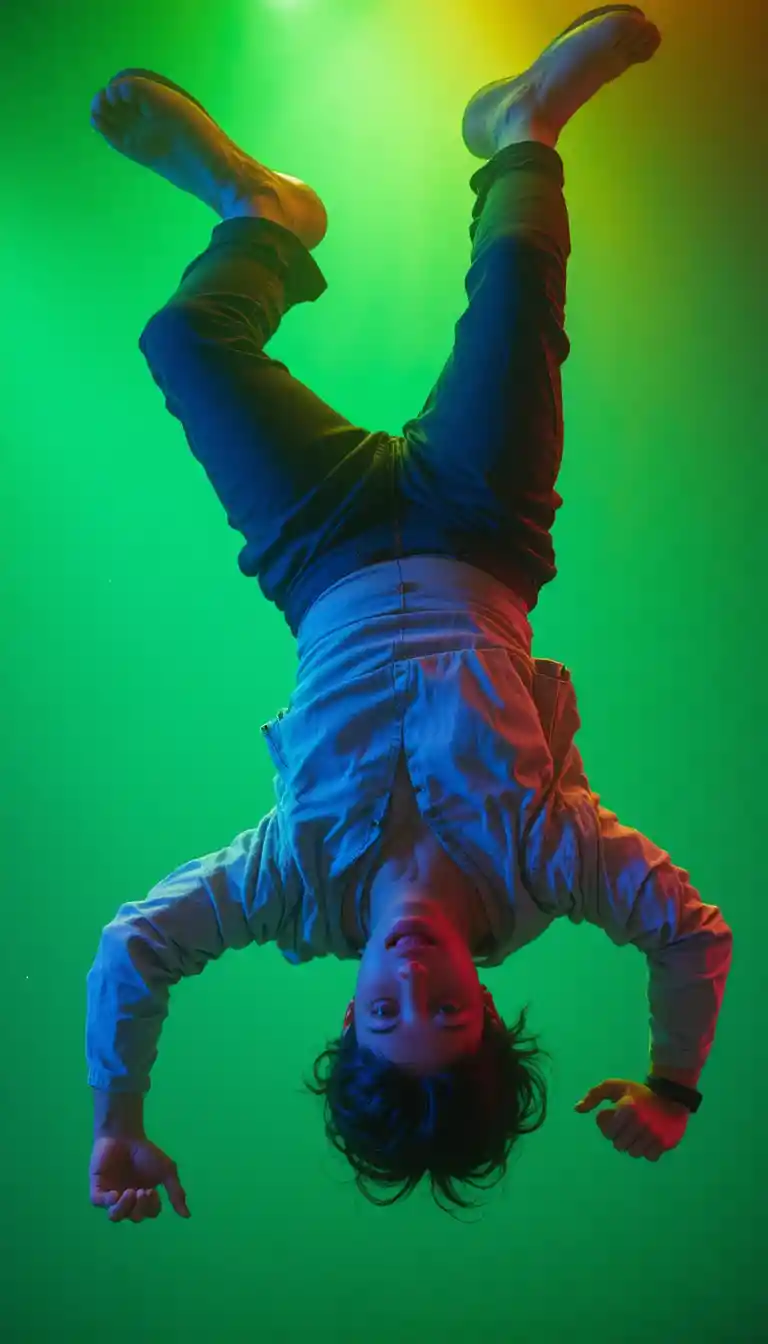 Young man falling backward under bold nightclub lighting