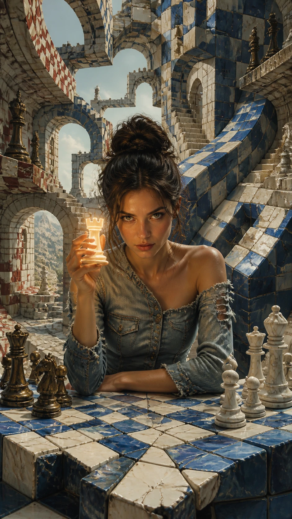 Woman with glowing chess rook in impossible tiled architecture