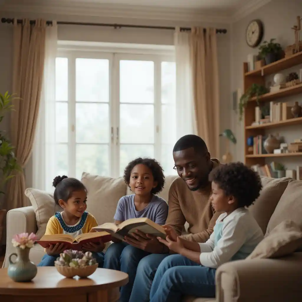 Parents sharing Bible stories with children in living room
