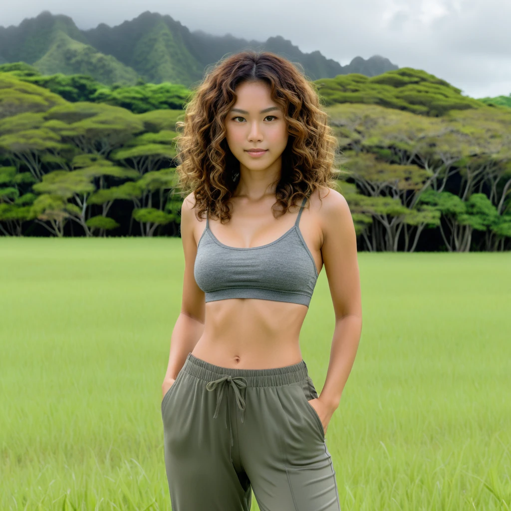 Okinawan woman standing in a field under a cloudy sky