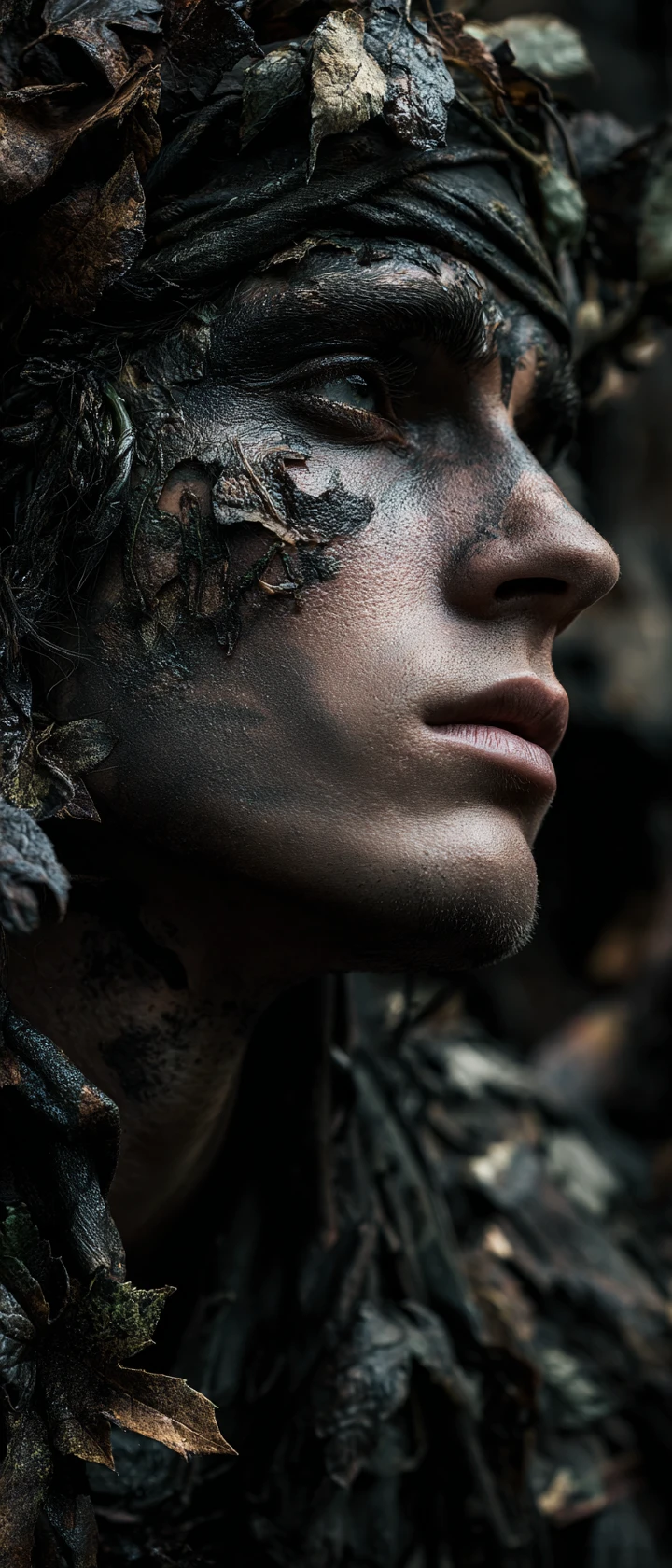 Bailarín masculino camuflado entre hojas en un bosque de ensueño